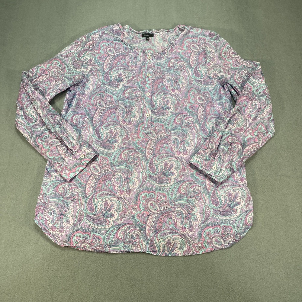 Talbots Blouse Large Pink Blue Purple Tropical Paisley Long Sleeve Lightweight